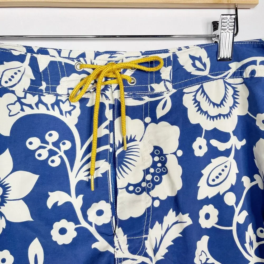 J Crew Mens Size 36 Blue White Floral Printed Swim Trunks Board Shorts Lace Up